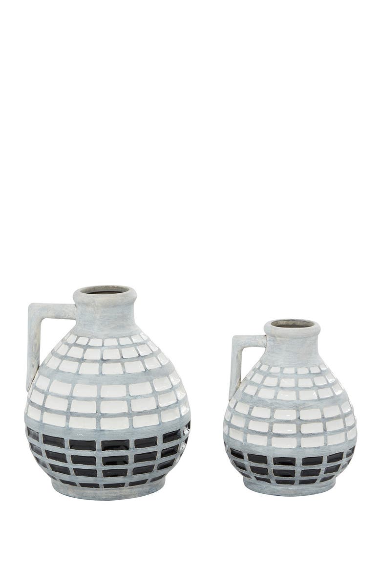 Gray Ceramic Handmade Vase with Grid Patterns - Set of 1, Alternate, color, GREY