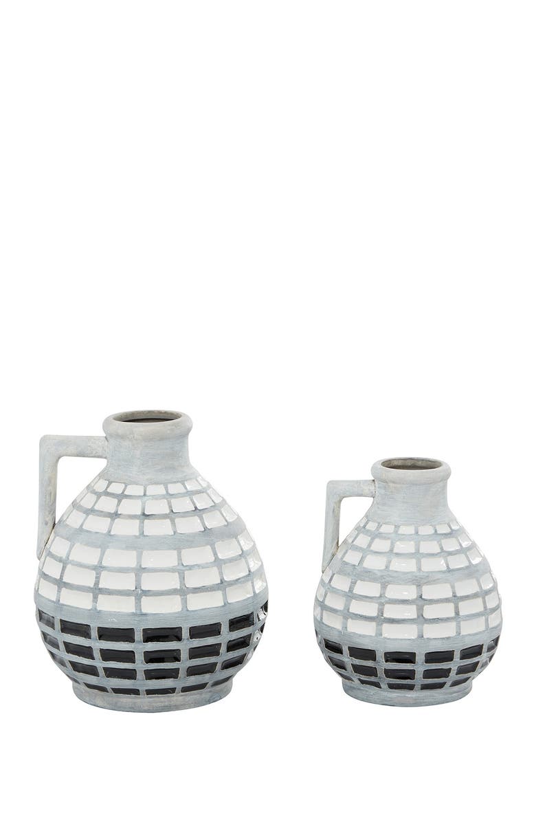 GINGER BIRCH STUDIO Gray Ceramic Handmade Vase with Grid Patterns - Set of 1, Alternate, color, Grey