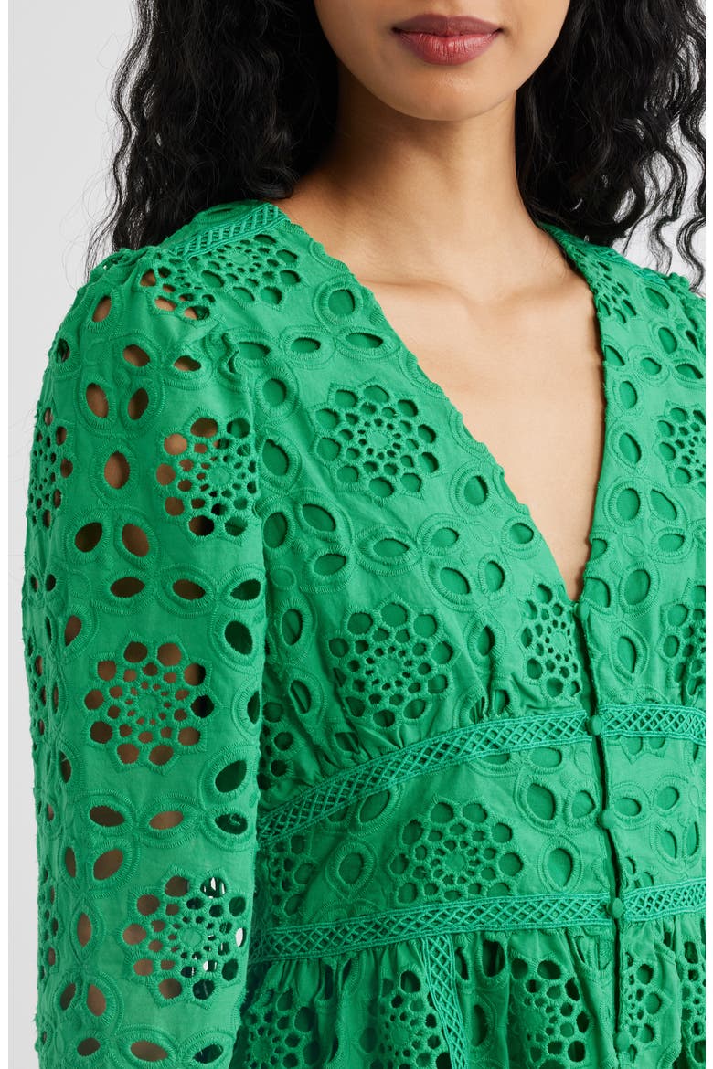 Long Sleeve Eyelet Minidress, Alternate, color, KELLY GREEN