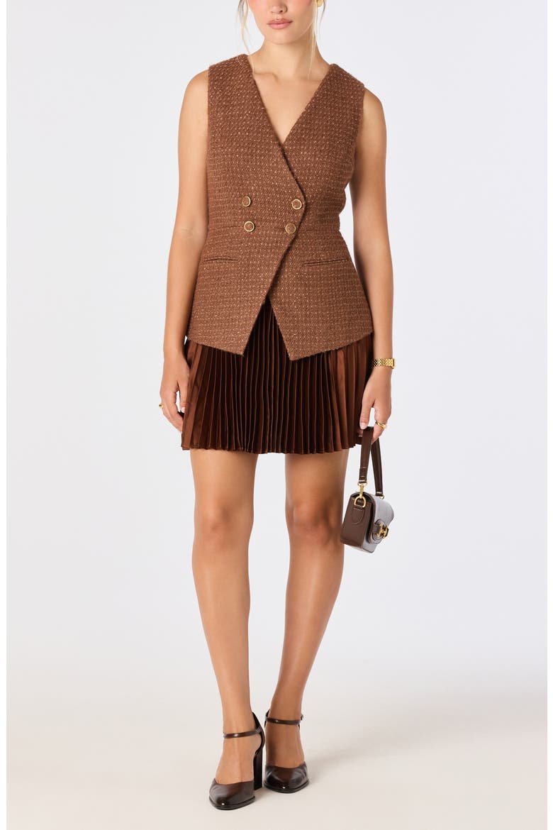 Allyson Tweed & Satin Pleated Minidress, Main, color, BROWN