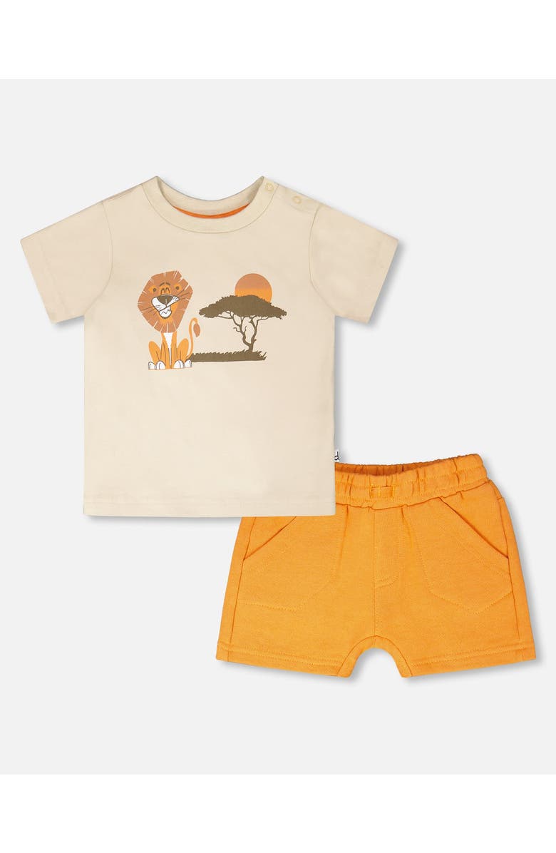 Deux par Deux Organic Cotton Lion and Savanna Short Sleeve T-Shirt and Short Set, Main, color, Beige And Orange