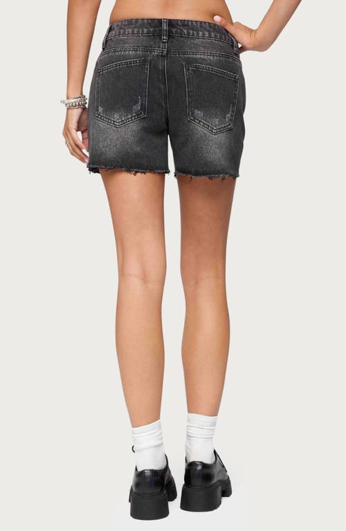 Edikted Scottie Raw Hem Low Rise Denim Shorts In Black