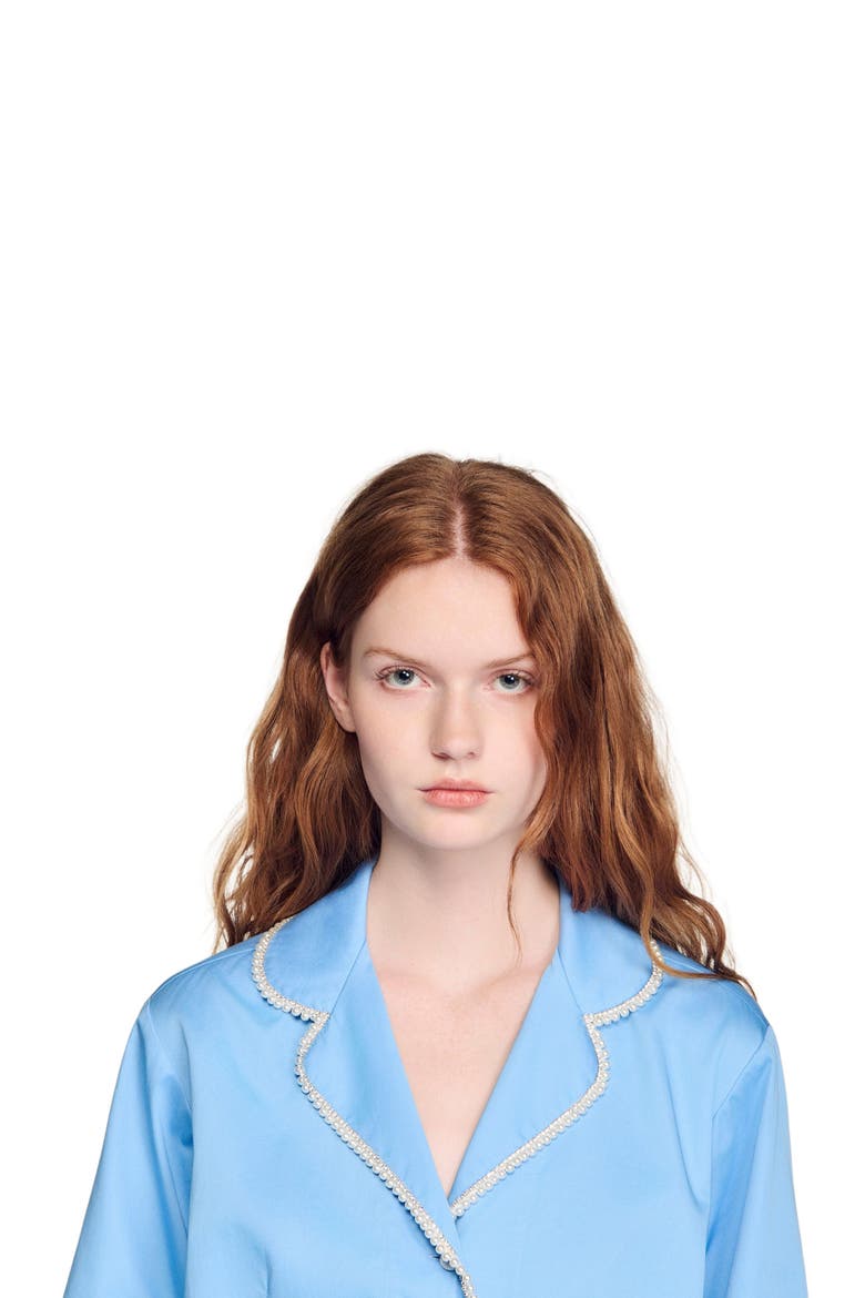 Cotton shirt with beaded trim, Alternate, color, Blue
