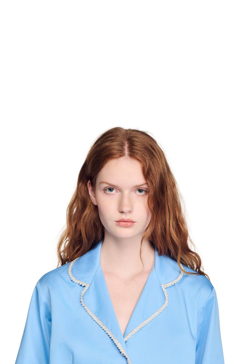 SANDRO Cotton shirt with beaded trim, Alternate, color, Blue