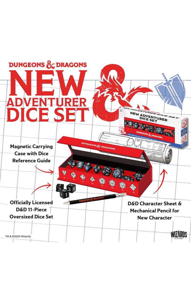 Dungeons & Dragons D&D New Adventurer Dice Set, Black 11 Oversized Rpg Dice, Alternate, color, Black
