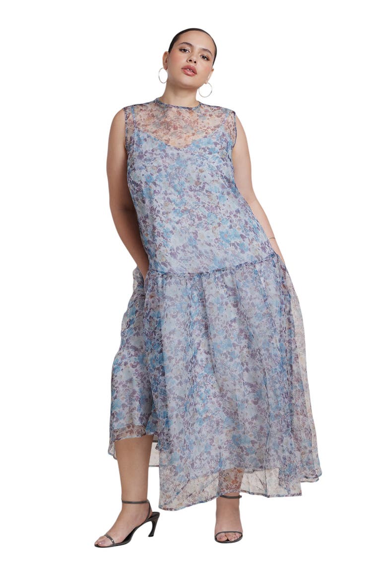 Printed Organza Drop Waist Midi Dress, Main, color, MYSTIC BLOOMS