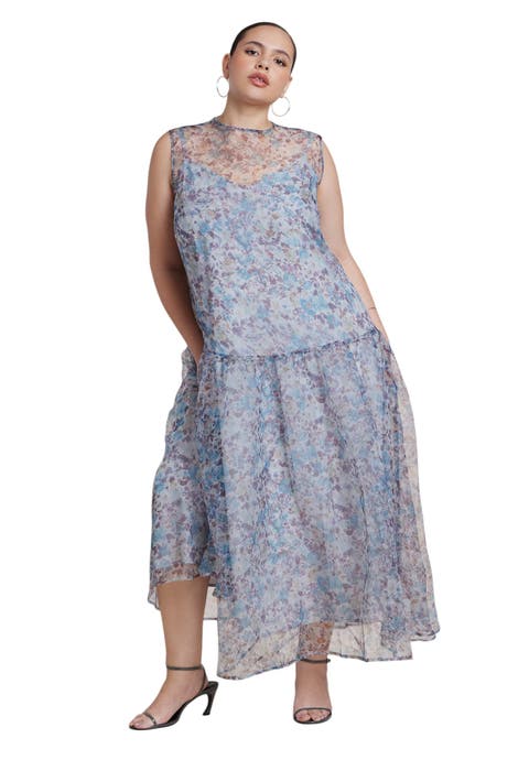 Printed Organza Drop Waist Midi Dress