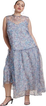 ELOQUII Printed Organza Drop Waist Midi Dress