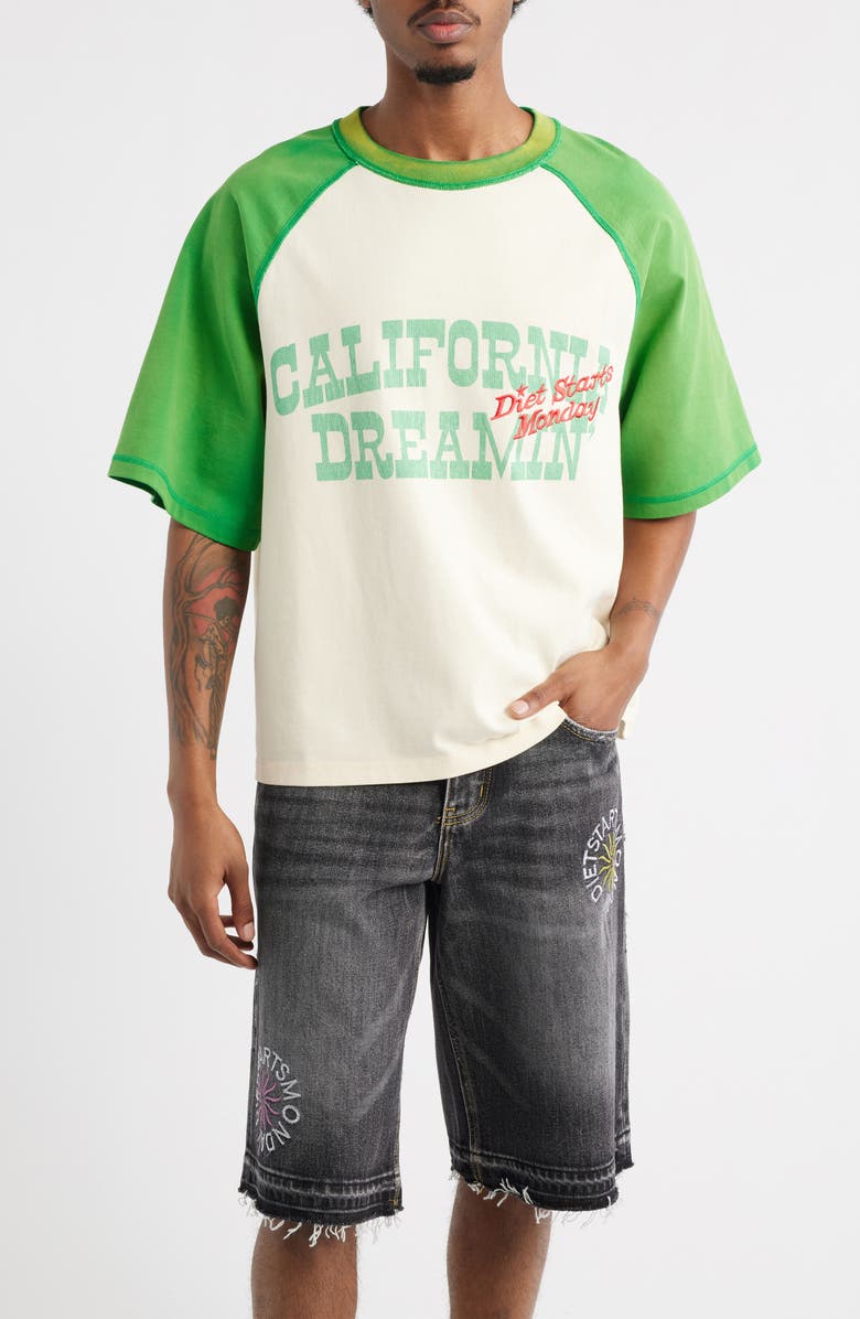 DIET STARTS MONDAY California Dreamin' Embroidered Graphic Baseball T-Shirt, Main, color, Cream/Green
