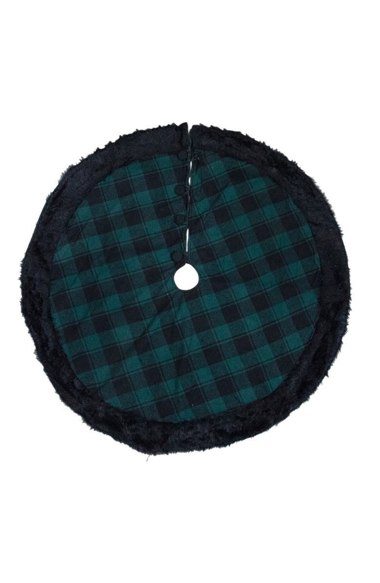 Northlight 48" Green and Black Plaid Christmas Tree Skirt with Faux Fur, Main, color, Black
