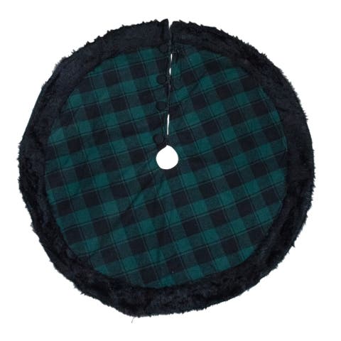 48" Green and Black Plaid Christmas Tree Skirt with Faux Fur