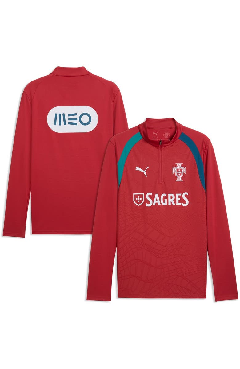 PUMA Men's Puma Red Portugal National Team Pre-Match Sponsor Patch Quarter-Zip Pullover, Main, color, Red
