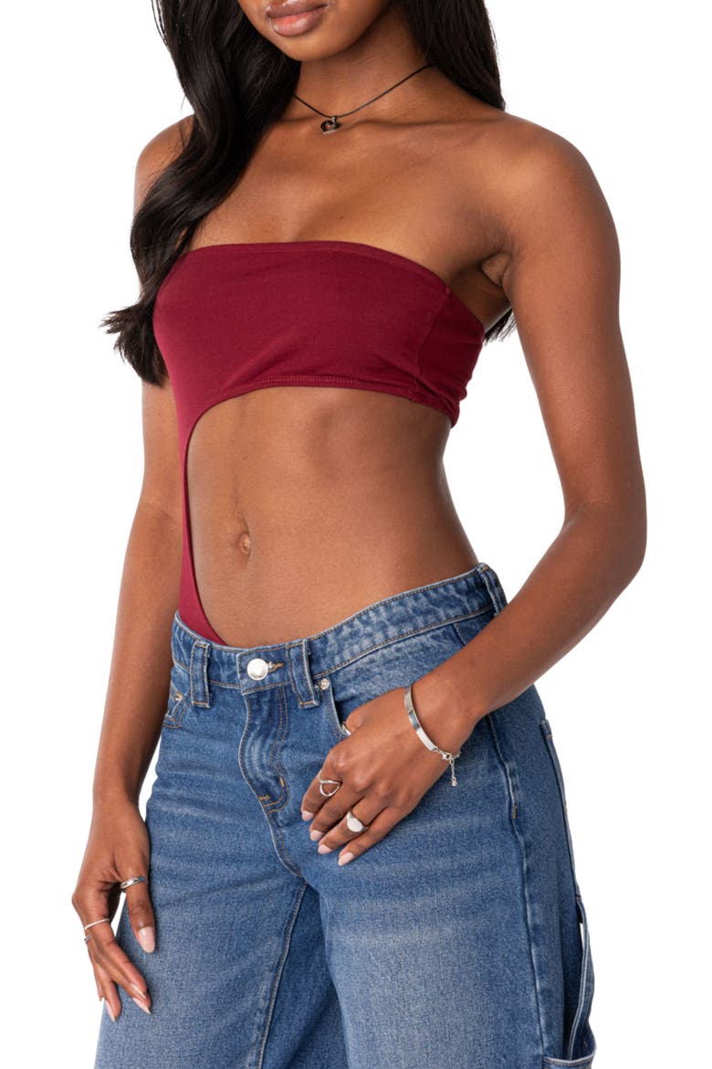 Indy Cutout Strapless Bodysuit, Alternate, color, BURGUNDY