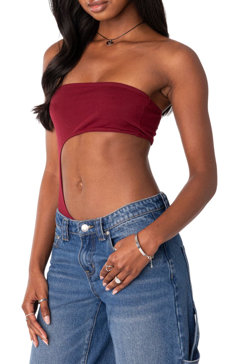 EDIKTED Indy Cutout Strapless Bodysuit, Alternate, color, Burgundy