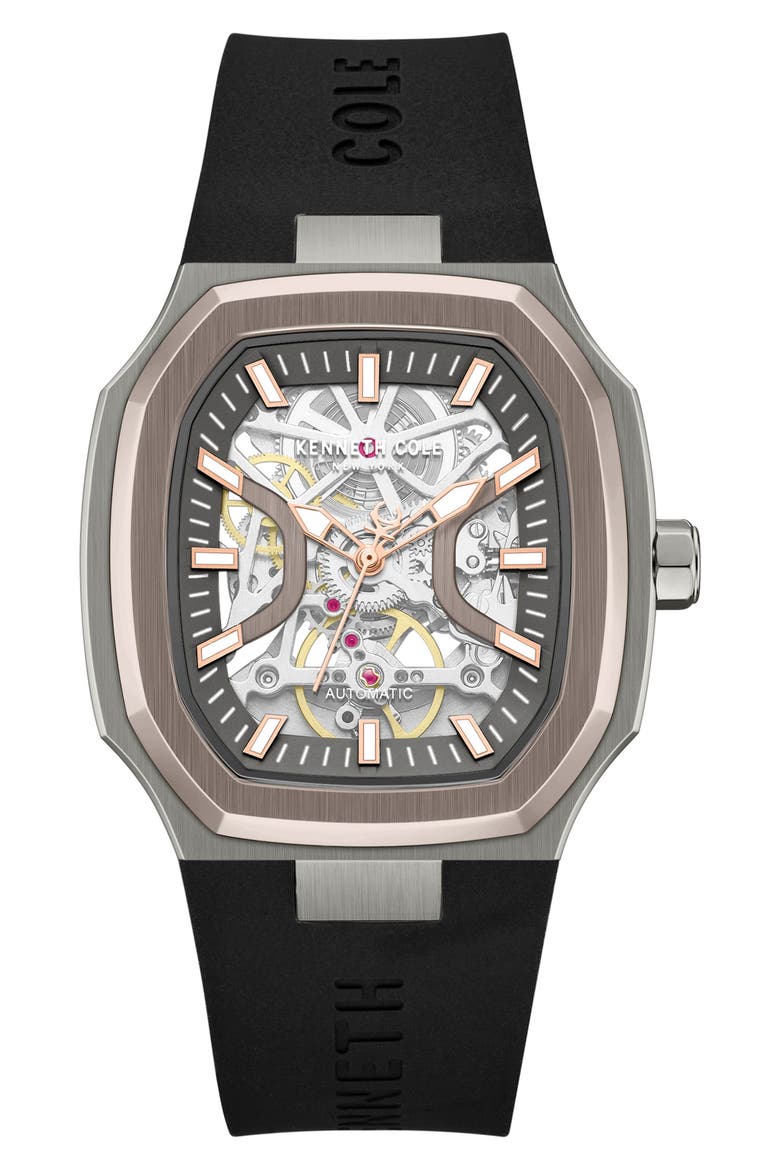 Automatic Leather Strap Watch, 40mm x 47.5mm, Main, color, BLACK