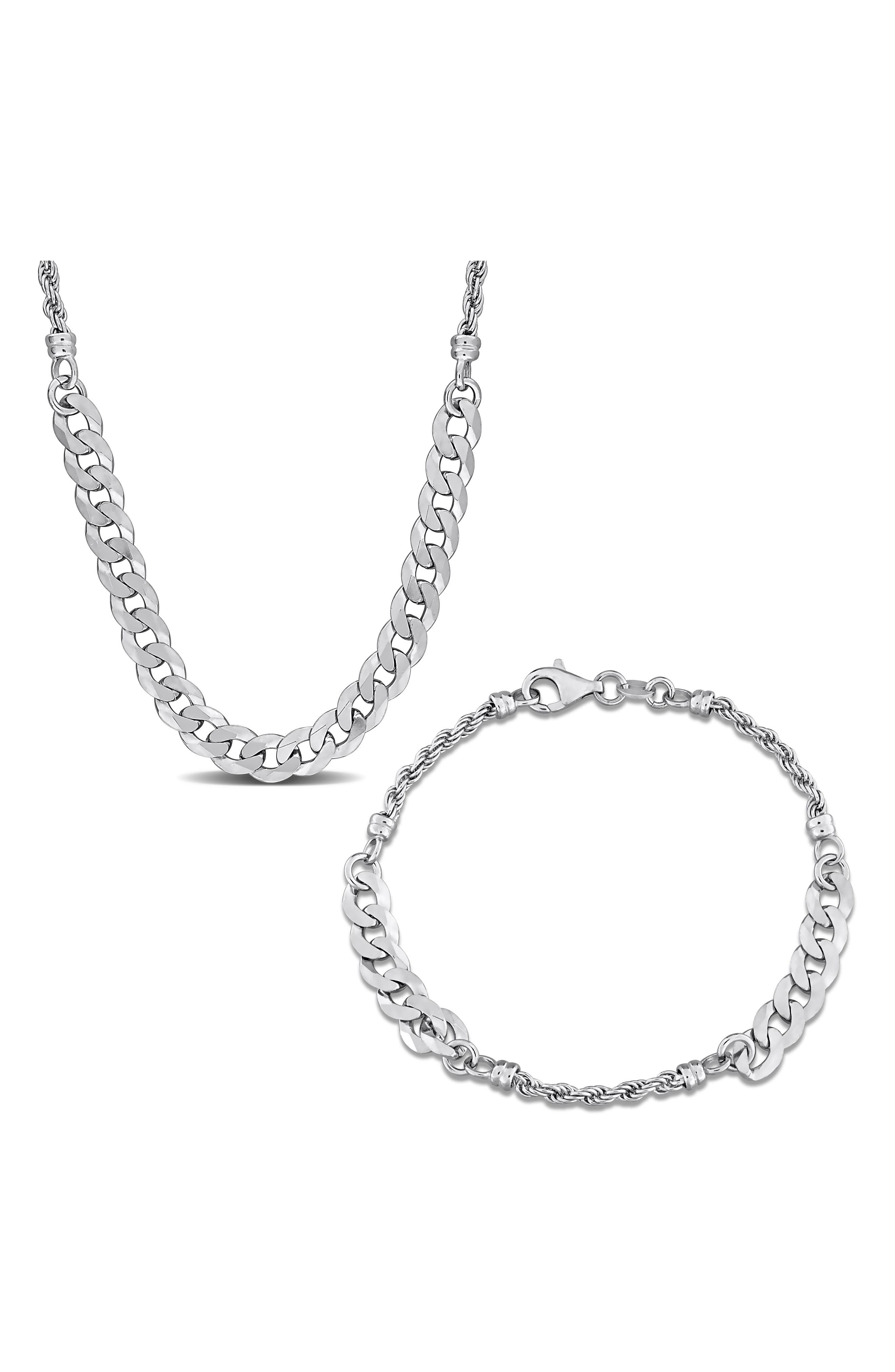 DELMAR 2.5mm Curb & 6.3mm Hammered Rope Chain Necklace & Bracelet Set