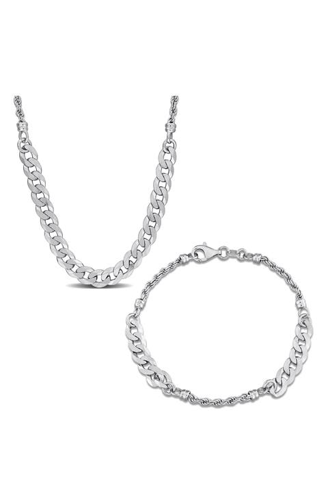 2.5mm Curb & 6.3mm Hammered Rope Chain Necklace & Bracelet Set