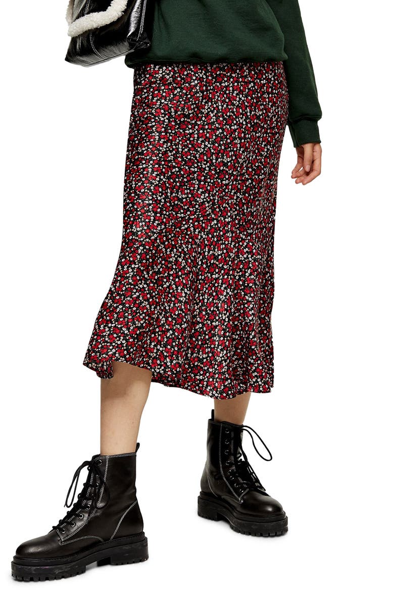 Ditsy Floral Flounce Midi Skirt, Main, color, RED MULTI
