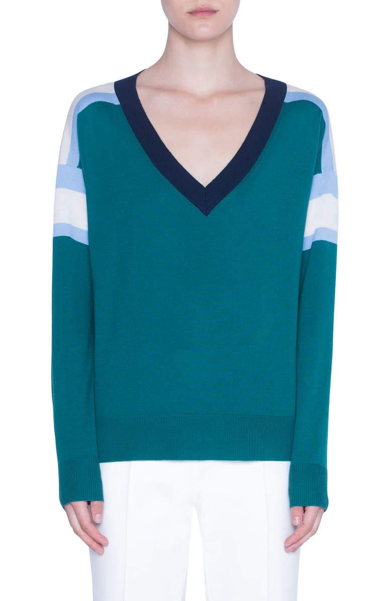 Akris punto Stripe V-Neck Merino Wool Sweater, Main, color, 