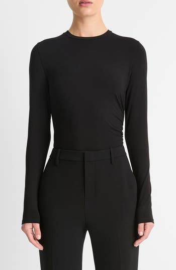 Vince Side Drape Long Sleeve Crewneck Tee In Black