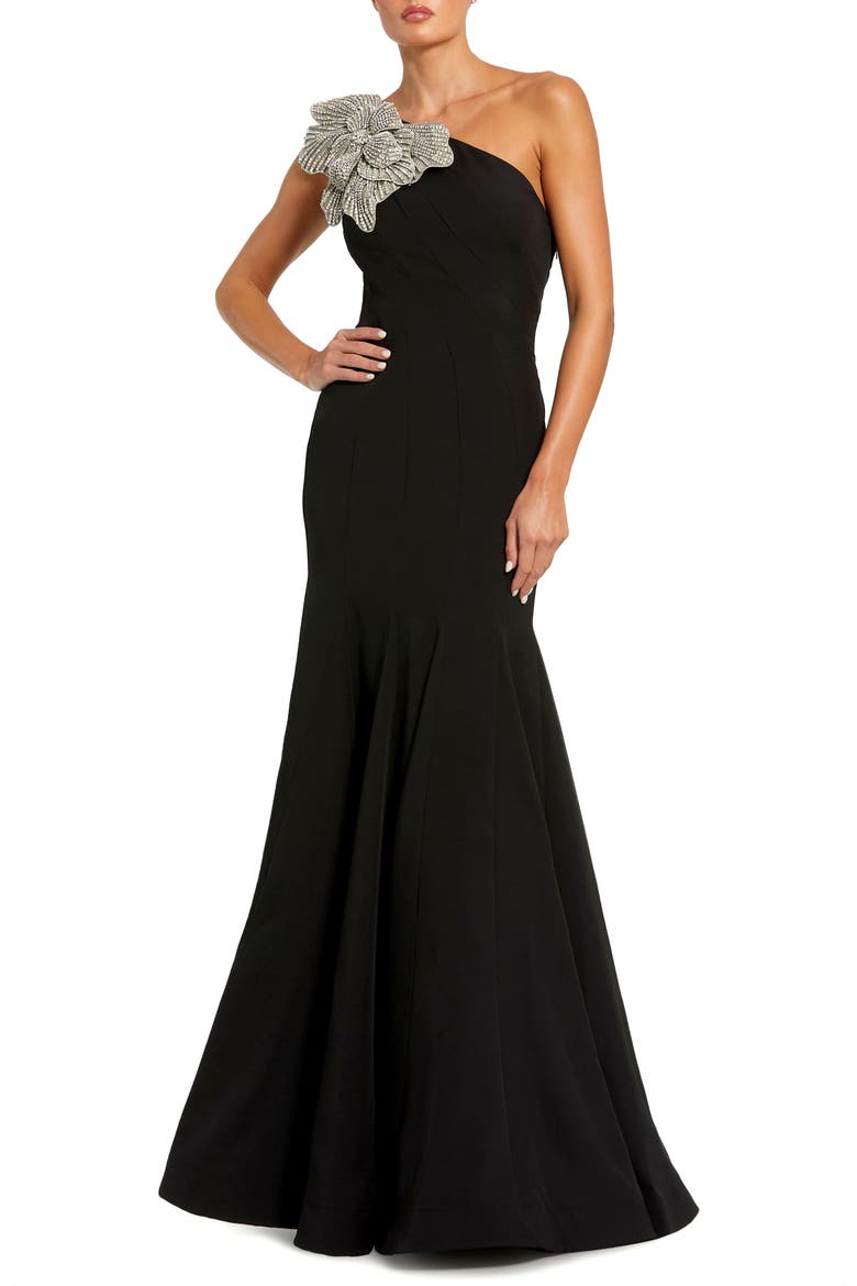 Petite Crepe One Shoulder Gown With Flower Detail, Main, color, Black
