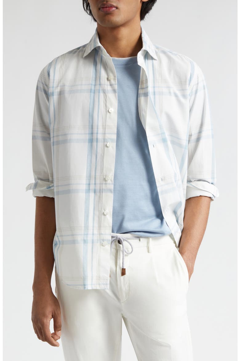 Plaid Cotton Button-Up Shirt, Main, color, WHITE AND DENIM