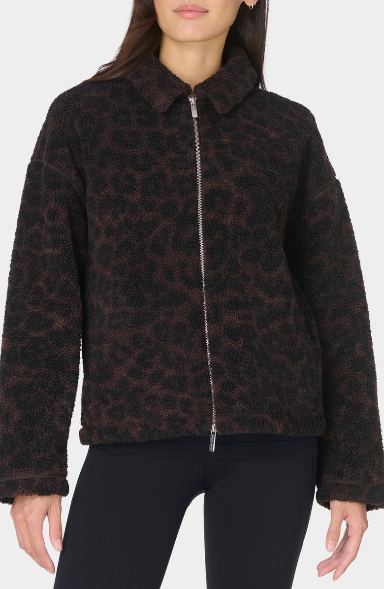 Sweaty Betty Leopard Print Fleece Jacket, Main, color, Large Brown Leopard Print