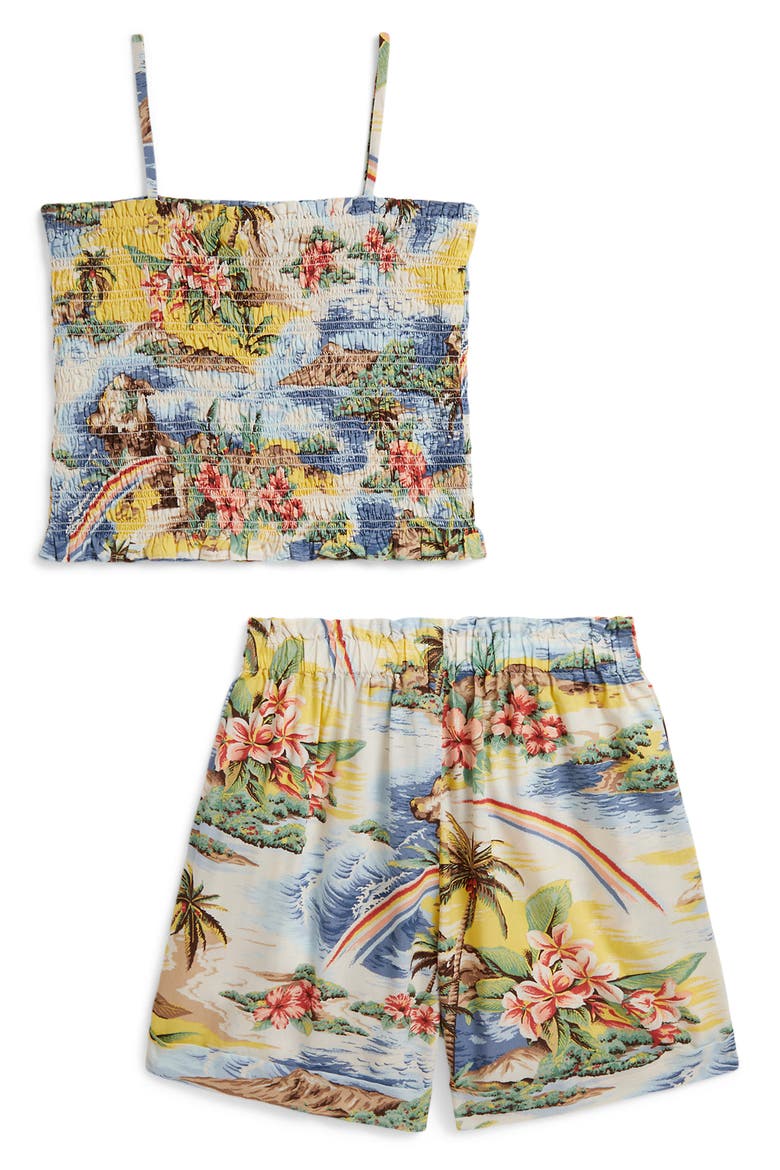Kids' Print Smocked Boxy Top & Shorts, Alternate, color, RAINBOW TROPICAL
