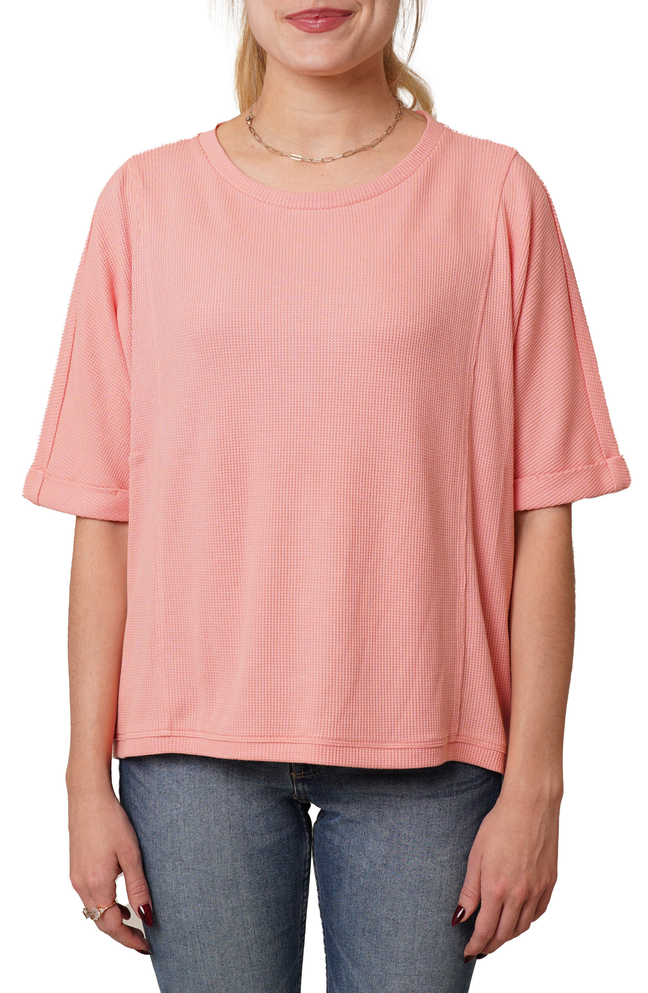 Crewneck Elbow Sleeve Waffle Knit Top - image 5