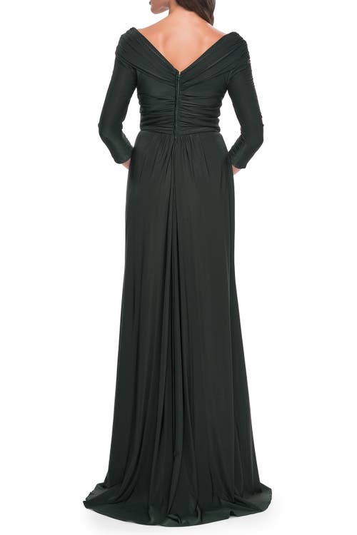 La Femme Ruched Long Dress With Ruffle Skirt Detail And Sleeves In Dark Emerald