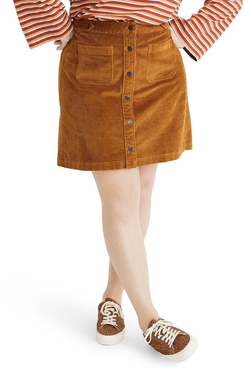 Button Front A-Line Corduroy Skirt, Alternate, color, EGYPTIAN GOLD
