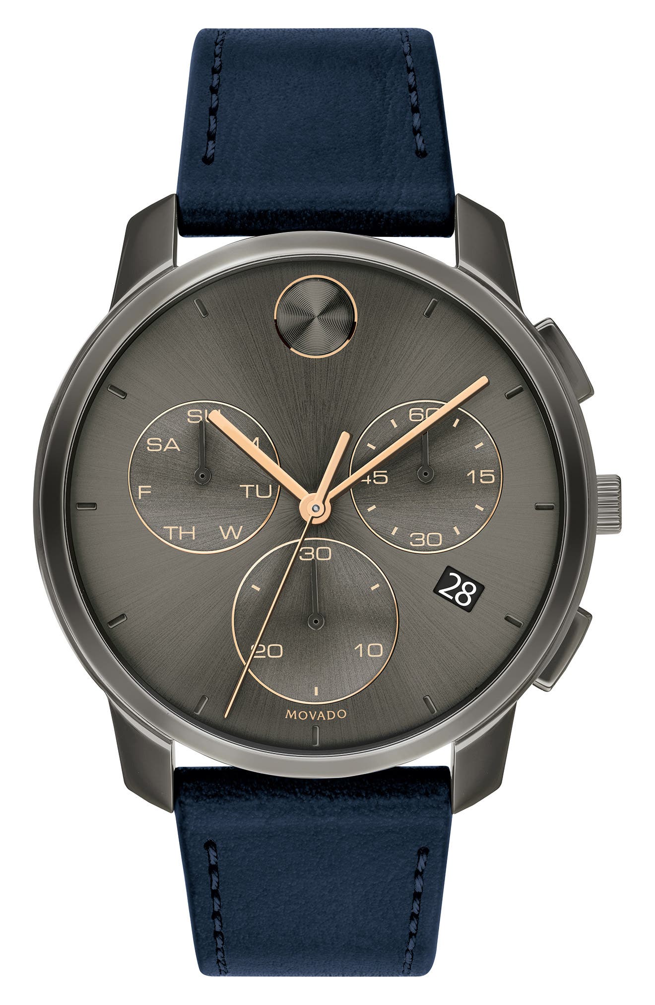 Movado Bold Thin Grey Dial Chronograph Leather Strap Watch, 42mm