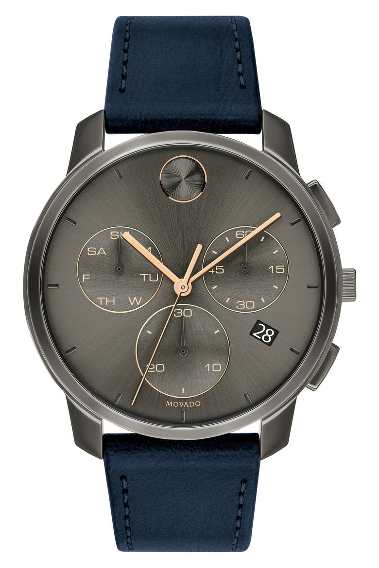 Bold Thin Grey Dial Chronograph Leather Strap Watch, 42mm, Main, color, GREY