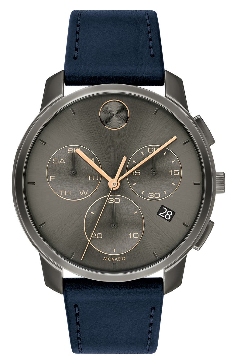 Movado Bold Thin Grey Dial Chronograph Leather Strap Watch, 42mm, Main, color, Grey