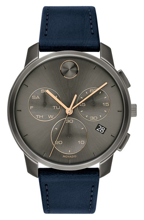Bold Thin Grey Dial Chronograph Leather Strap Watch, 42mm