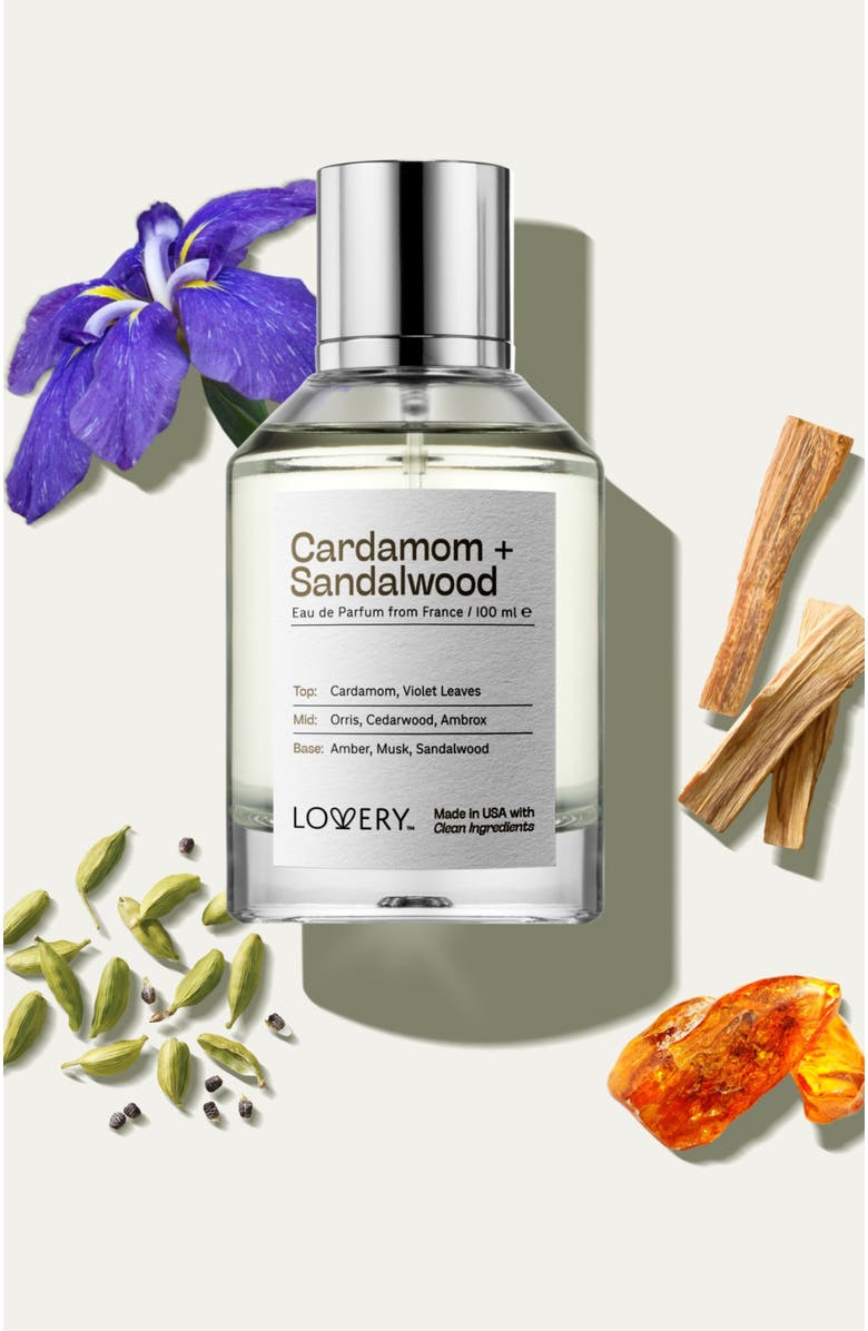 Lovery Cardamom Sandalwood Eau de Parfum, Made in USA, 3.4 oz, Main, color, Silver, White, Cream, Black