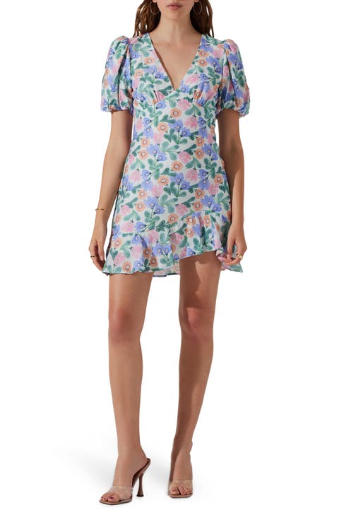 Floral Puff Sleeve Cutout Dress