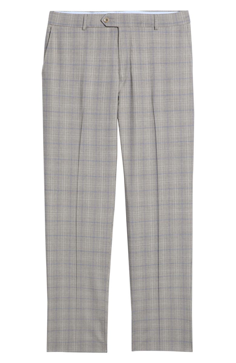 Berle Light Grey Plaid Flat Front Wool Dress Pants, Main, color, Sand