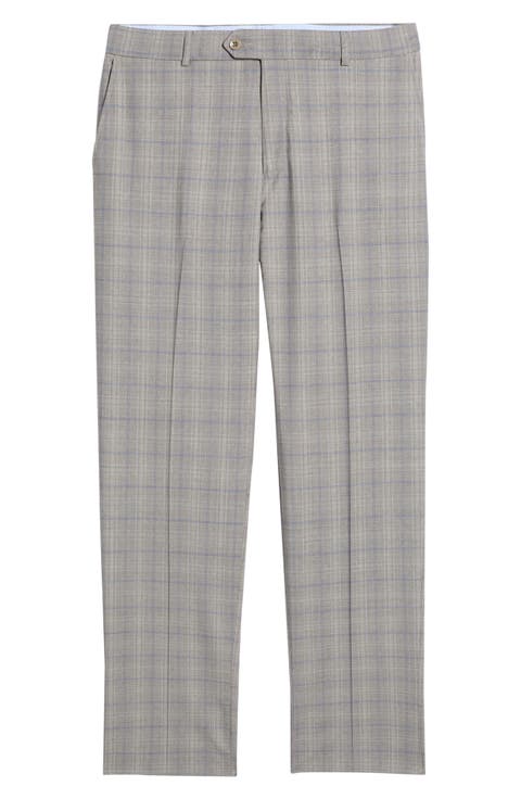 Light Grey Plaid Flat Front Wool Dress Pants