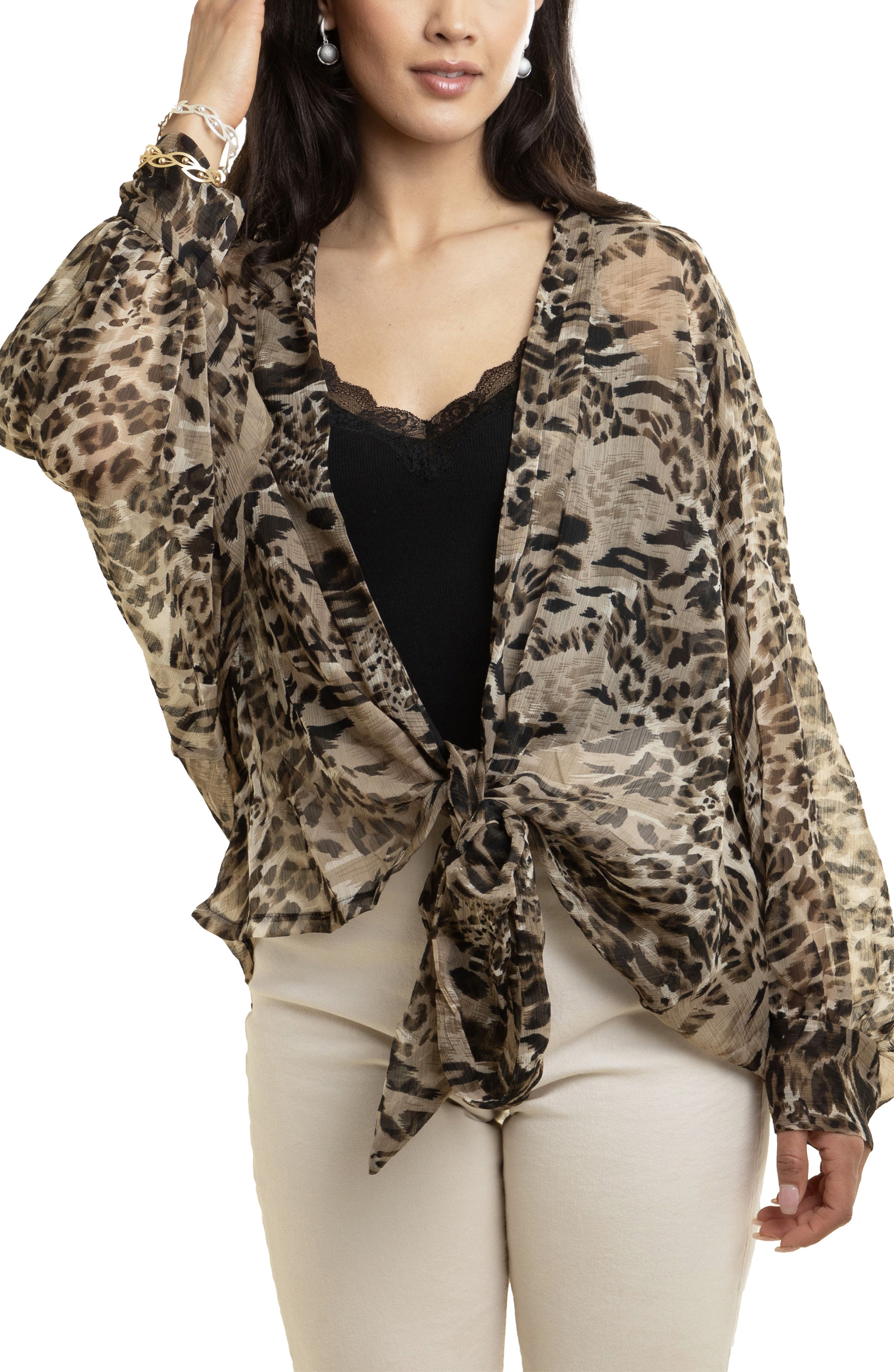 SAACHI Leopard Print Balloon Sleeve Ruana