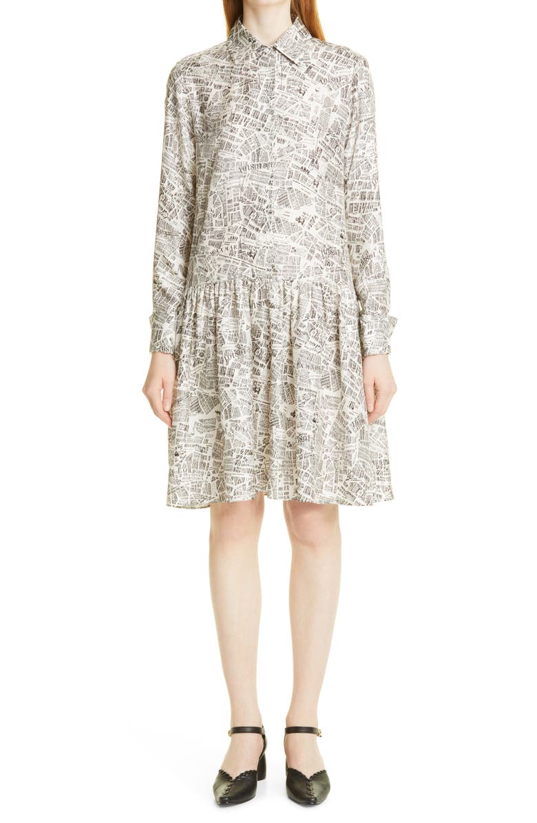 Max Mara Map Print Long Sleeve Silk Shirtdress, Main, color,