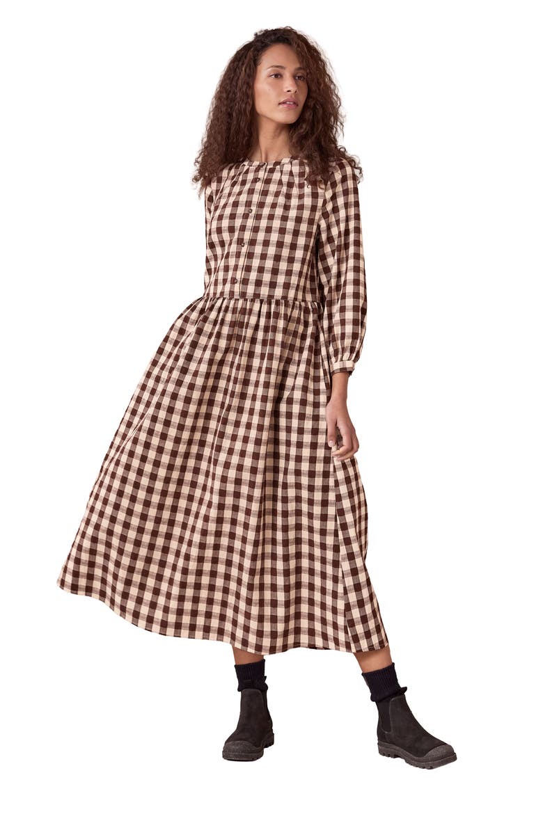 Collarless Gingham Midi Dress, Main, color, Chocolate Gingham