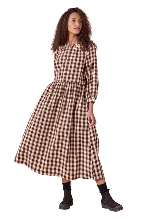 Collarless Gingham Midi Dress