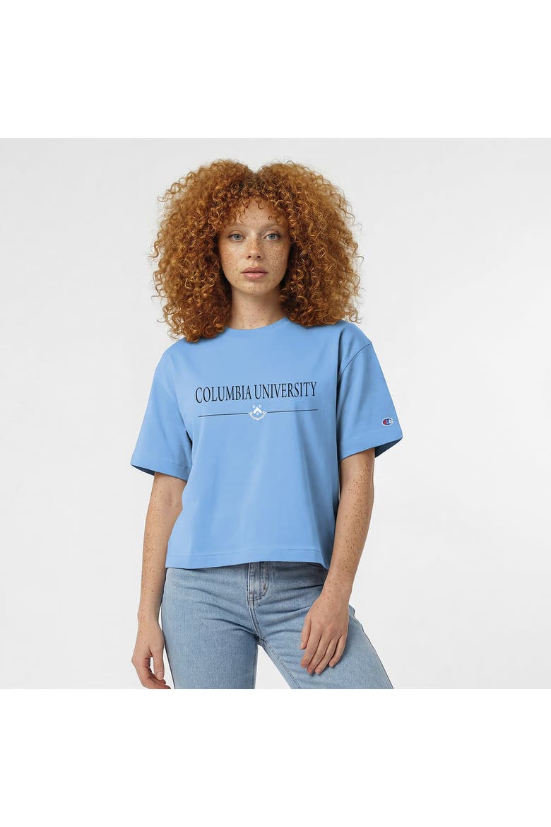 Women's Champion  Light Blue Columbia University Waist Length Wordmark T-Shirt, Main, color, Light Blue