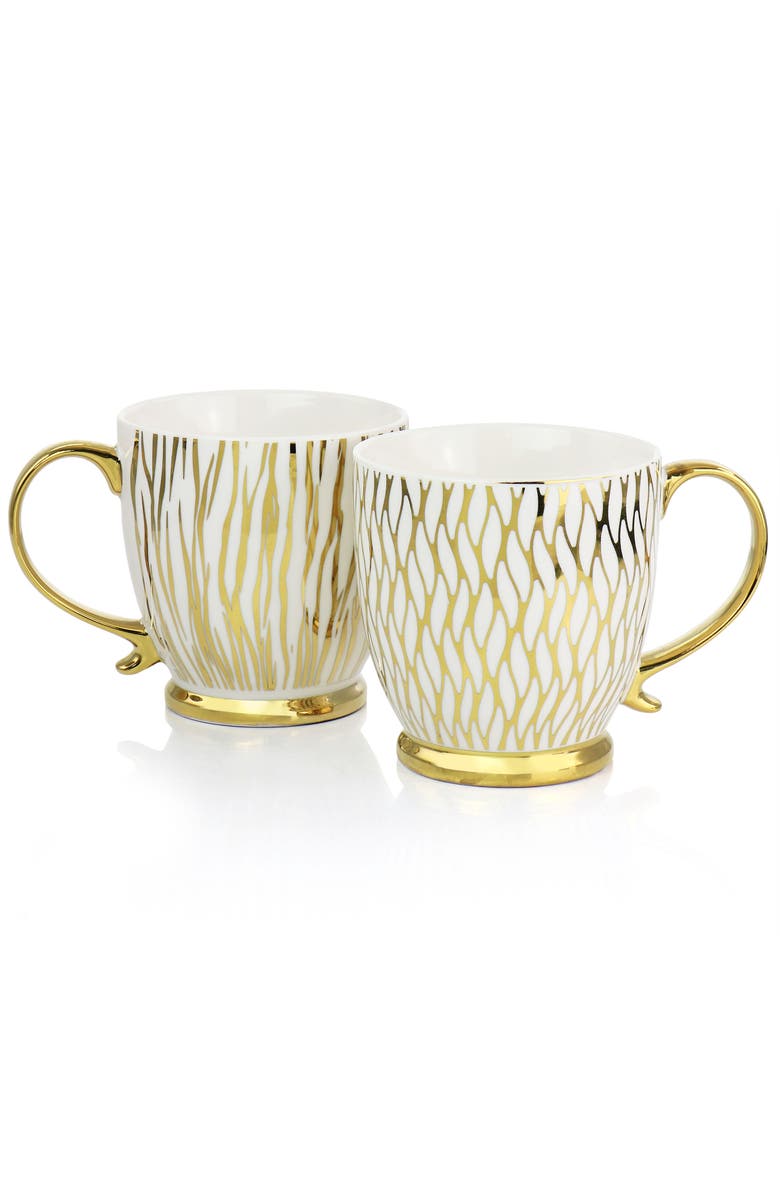 Gibson Home Gold Finch 4 Piece 16.7oz Electroplated Fine Ceramic Mug Set, Alternate, color, White
