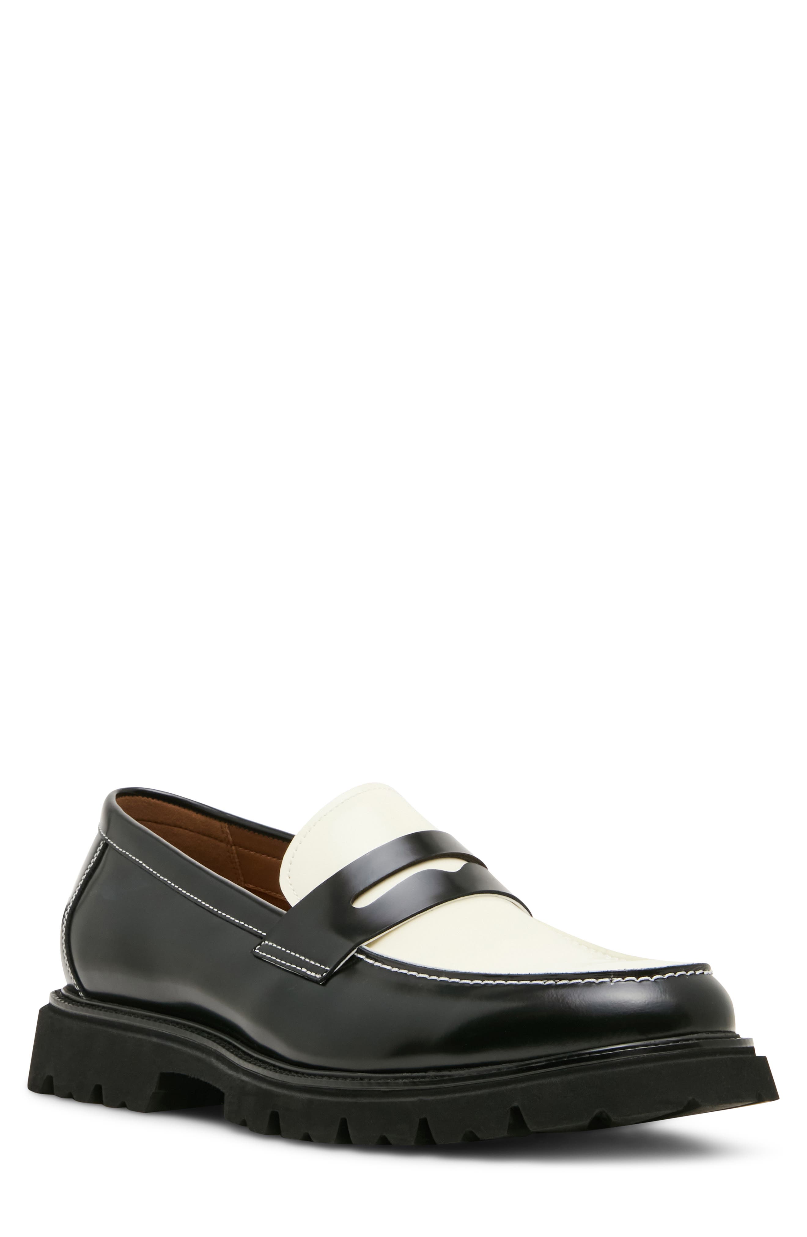 Nomadd Penny Loafer, Main, color, BLACK/ WHITE LEATHER