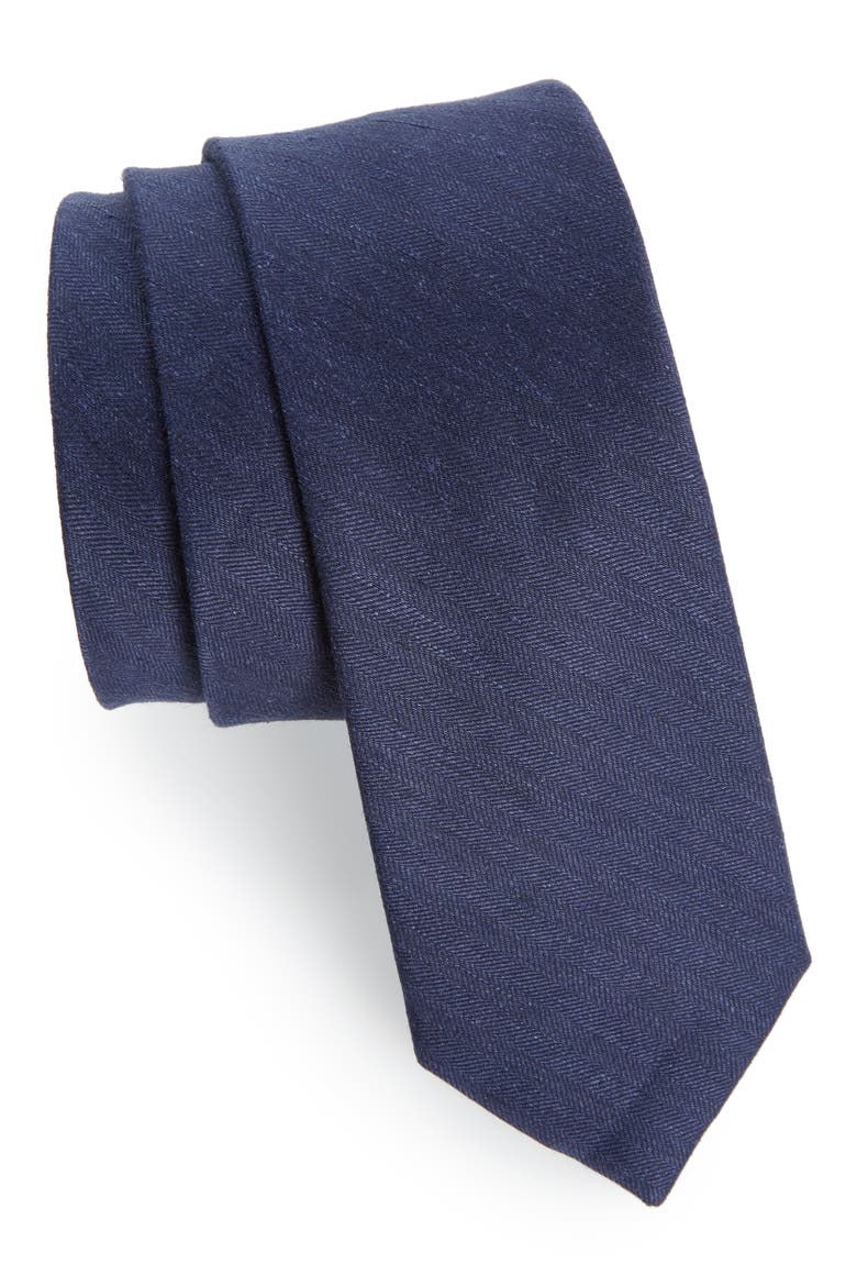 Herringbone Linen & Silk Skinny Tie, Main, color, NAVY