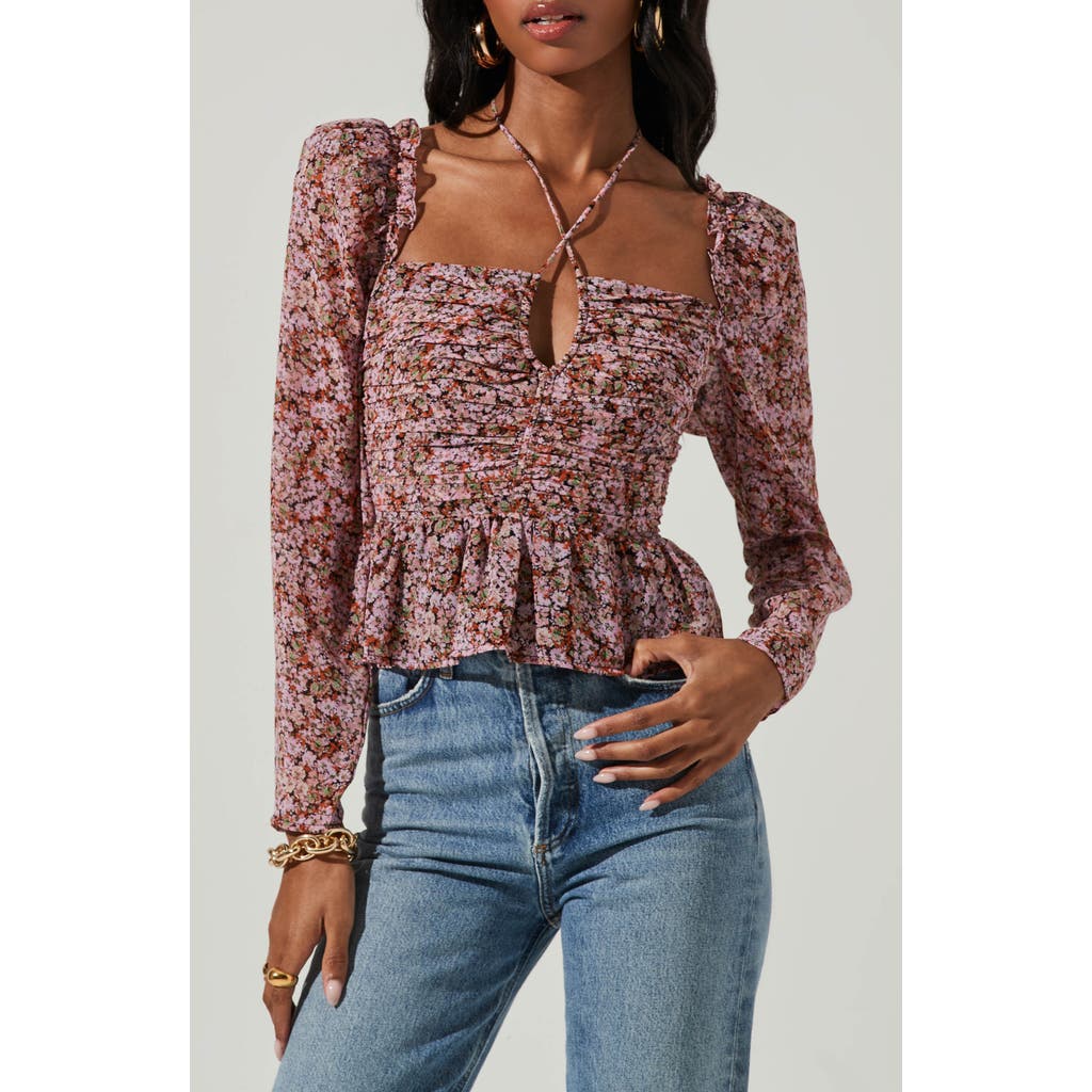 Astr The Label Toni Tie Neck Peplum Top In Pink