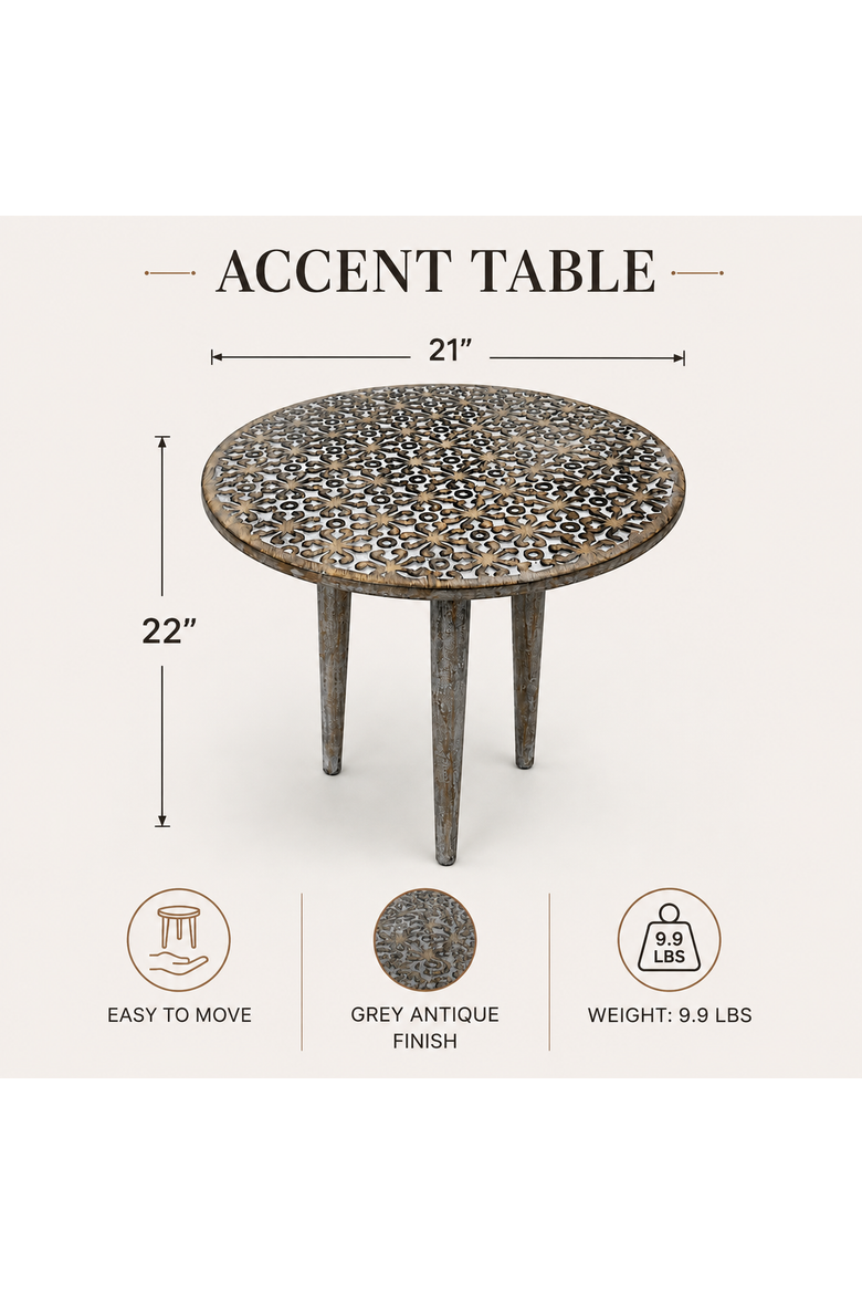 Handmade Mango Wood Round Accent Table, Knockdown, Alternate, color, Gray