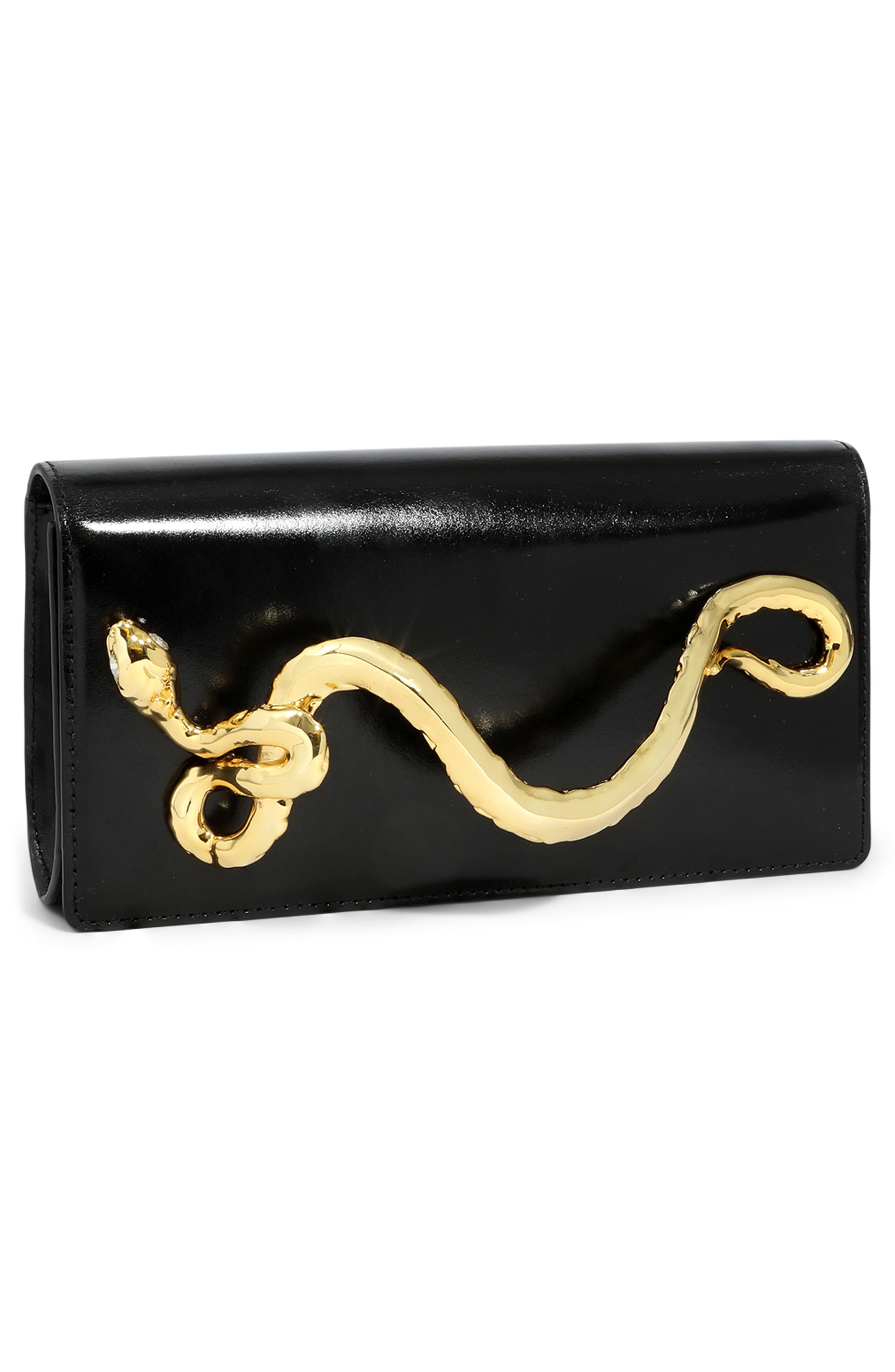 Serpent Side Handle Leather Clutch, Alternate, color, BLACK